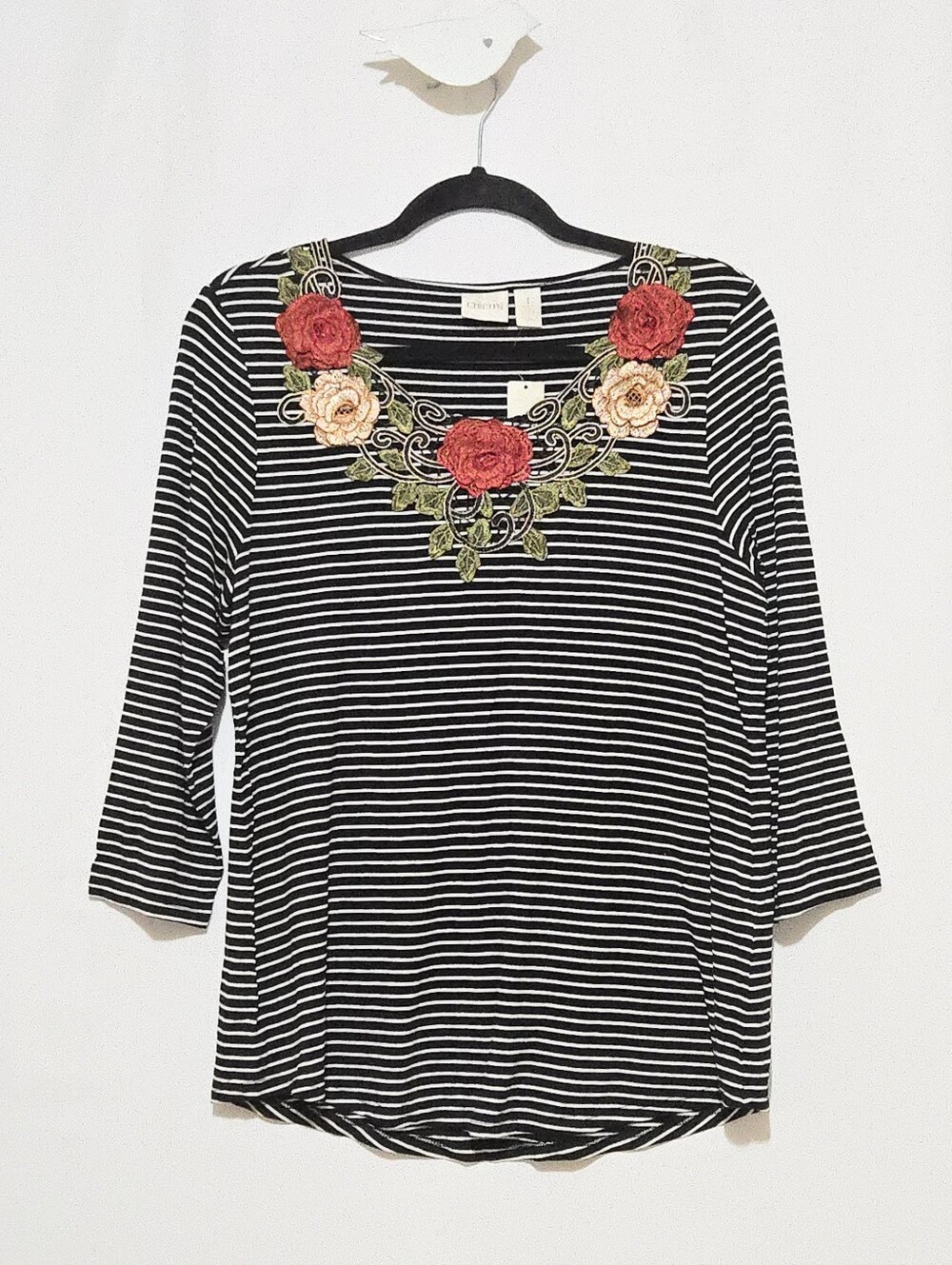 NWT Chico's Striped Top with Floral Applique - 3/4 Sleeves - Nautical - Size L